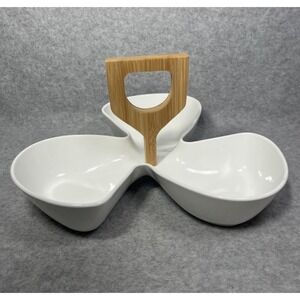 Divided Ceramic Serving Dish Trio Bamboo Handle Appetizer Snack Bowl Tray Server